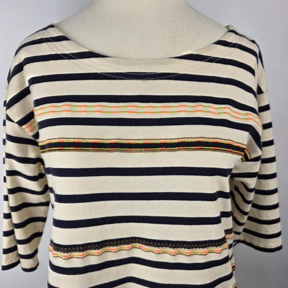 J CREW Women's Top SZ M Striped Aztec‎ Neon Embroidered Bateau Neck 3/4  *READ